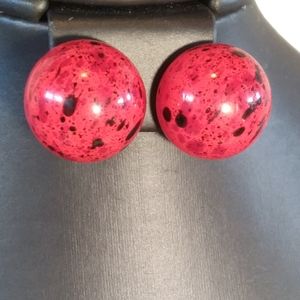 Groovy Red & Black Raised Button Clip On Earrings. Red Resin with Black. Unique!